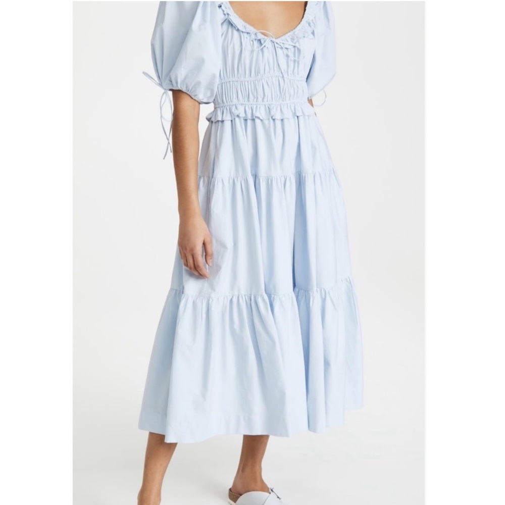 Doen Style En Saison Poplin Puff-Sleeve Tiered Midi Dress in baby blue XS